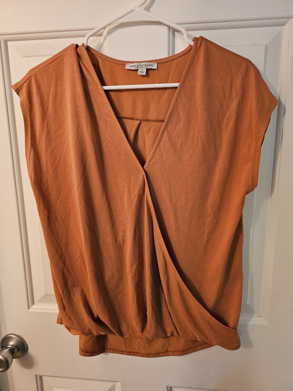 Green Envelope Burnt Orange Draped V-Neck Blouse